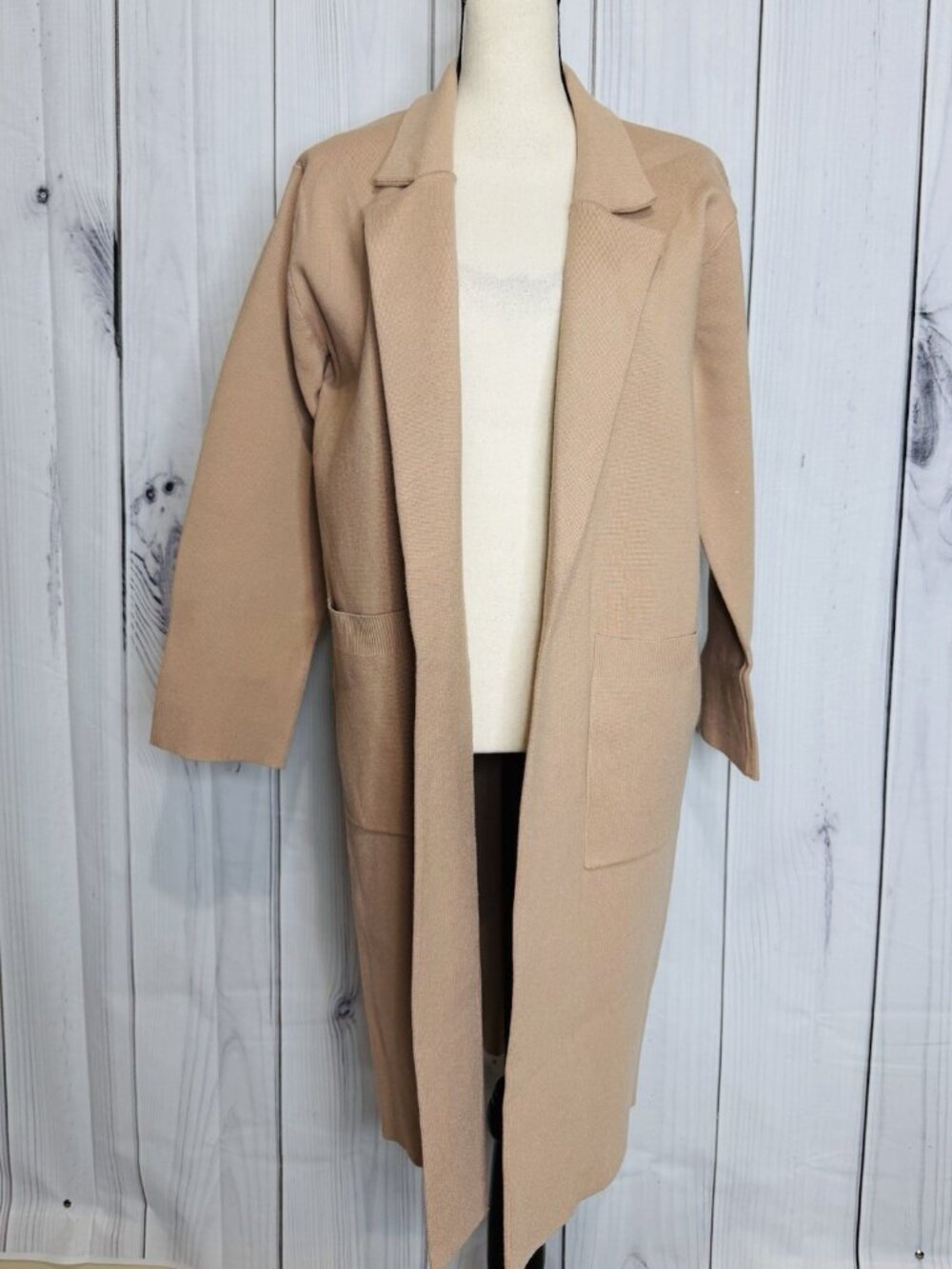ANRABESS Long Cardigan Women’s Sz L Tan Open Front Duster Sweater Coat Pockets